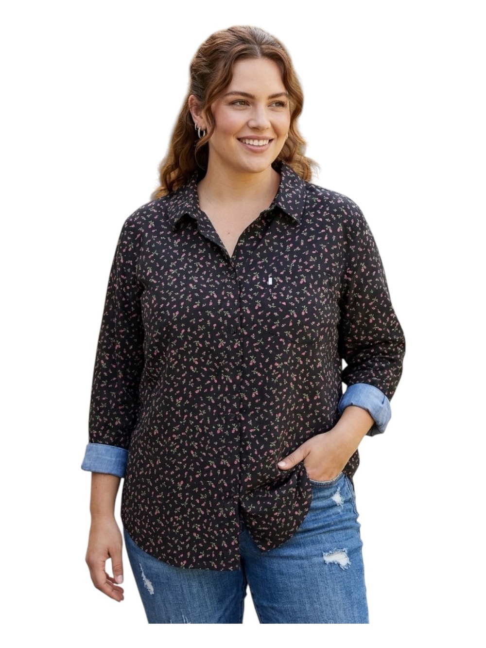 Levi’s Black Pink Floral Rose Print Boyfriend Fit Button Up Shirt Blouse 2X EUC